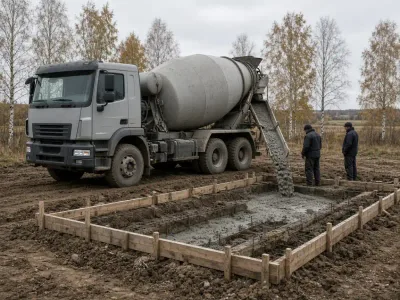 Миксер подаёт бетон в ленту фундамента на участке в Бобруйске