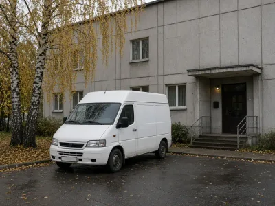 Фургон у подъезда панельного дома в Бобруйске перед погрузкой