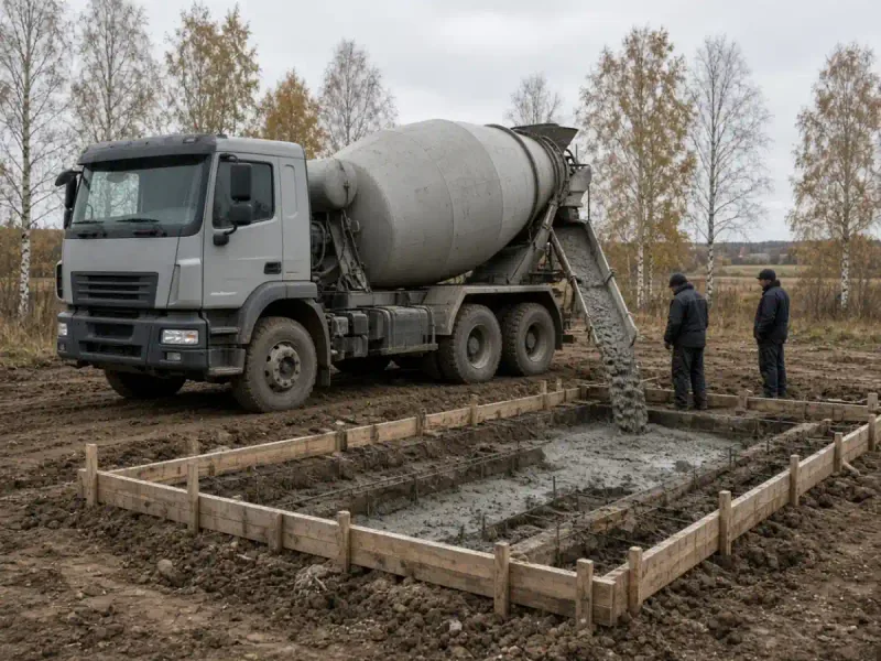 Миксер подаёт бетон в ленту фундамента на участке в Бобруйске