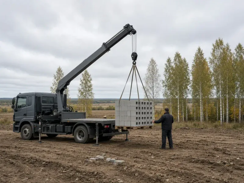 Разгрузка поддонов газосиликата манипулятором в Бобруйске